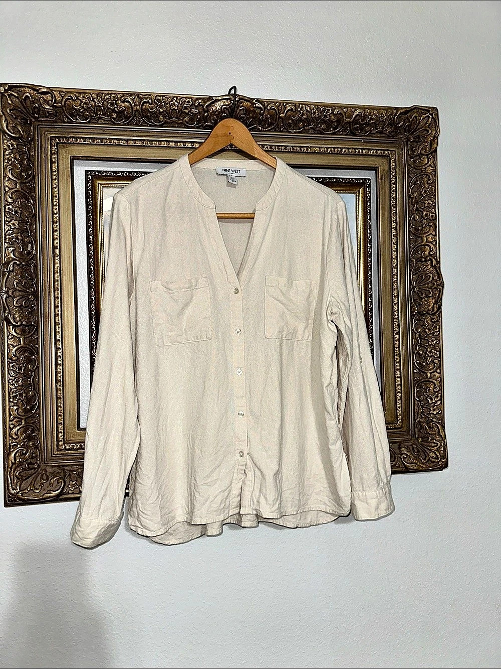Nine West Linen Blend Button Down Shirt in Cream Large